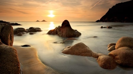 rocky beach at sunset - sea, sunset, beach, rocks