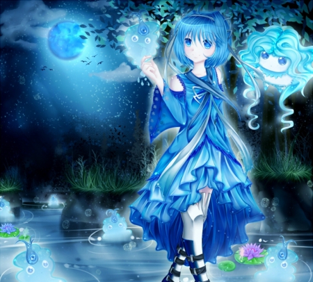 Once in a Blue Moon - moon, anime, girl, blue