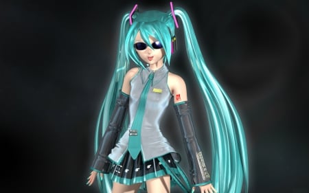 Hatsune Miku - realistic, female, glasses, hot, sunglasses, simple, anime girl, anime, miku, cute, hatsune miku, sexy, girl, twintails, long hair, cg, hatsune, vocaloids, hd, green eyes, 3d, vocaloid, plain, green hair