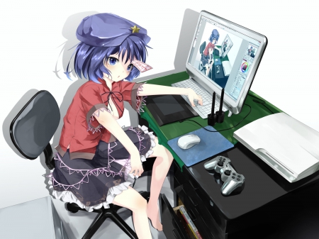 Miyako Yoshika - anime, anime girl, female, hot, girl, table, chair, touhou, desk, digital, computer, hd, cute, technology, sexy, miyako yoshika