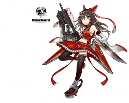 Reimu the Warrior - gun, female, hot, simple, anime girl, angry, blade, armor, brown hair, white, touhou, anime, reimu, sword, cute, sexy, girl, mad, warrior, long hair, hakurei reimu, plain, weapon, serious, dress