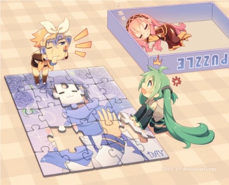 Kaito Puzzle - sleeping, female, puzzle, anime girl, rin, kagamine, megurine luka, anime, miku, megurine, cute, luka, hatsune miku, lying, adorable, girl, kagamine rin, chibi, playing, hatsune, vocaloids, sleep, kawaii, play, vocaloid, adore