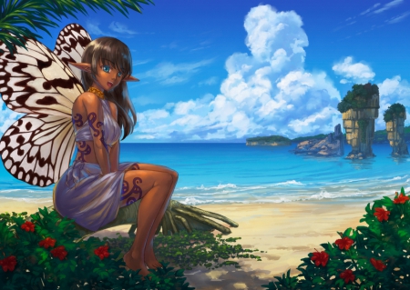 Fairy at the Beach - cute, beach, hot, anime girl, ocean, girl, wings, fairy, cloud, water, wing, anime, hd, sky, sand, sexy, female, sea