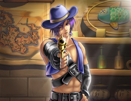 I am too bored, I will play with U - gun, close up, wonderland online, hot, hat, mmorpg, online, piostol, game, cool, pointing, purple eyes, cute, short hair, point, male, sexy, purple hair, cowboy, boy, weapon, guy