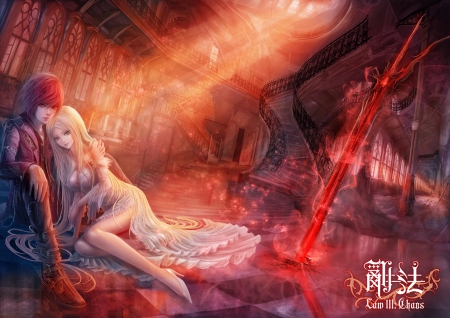 Law Chaos - female, evil, light, blond, house, gown, hot, sword, love, red eyes, cg, cute, stair, 3d, sexy, building, anime, dress, blonde, blond hair, long hair, boy, male, short hair, ed hair, hd, sparks, anime girl, realistic, serious, girl, blonde hair, fantasy, handsome, redhead, sinister, lover, couple