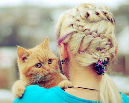 Loved - face, animals, cute, pet, cat, hair, woman