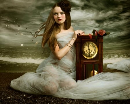 Time is running - sky, artistic, clock, woman, time