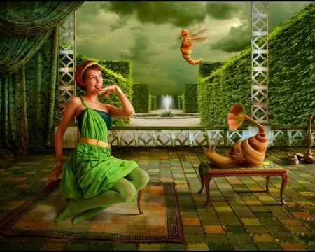 In moment like this - woman, seahorse, snail, room, music, tiles, artistic