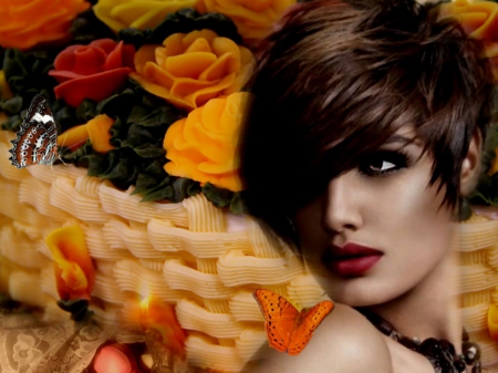 A Few Of My Favorite Things - girl, candles, basket, black, fantasy, gold, brown, red, orange, butterflies