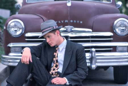 Jensen Ackles - pink, young, actor, retro, car, vintage, hat, costume, jensen ackles, man