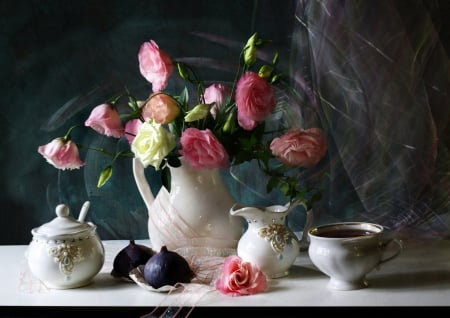 Still life - cup of coffe, flowers, still life, decoration