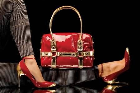 Red set - woman, fashion, bag, stiletto, set, black, legs, shoe, purse, yellow, red, golden