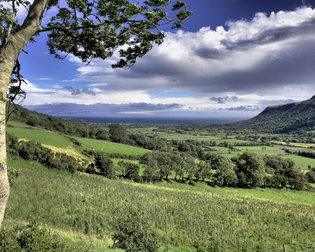 northern ireland - fun, fields, trees, ireland, countryside, wallpaper, mountains, nature, clouds, new