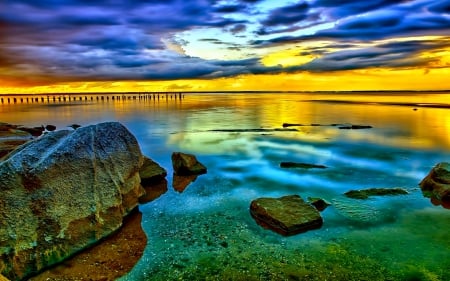 SUMMER SUNSET - ocean, beach, sunset, summer, rocks, nature, clouds, rock, sea