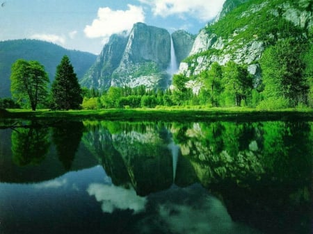 Rocks waterfall - sky, trees, greenery, water, mountains, clear, waterfall, rocks, lakes, reflections, crystal, fall, quiet, calmness, clouds, emerald, river, green, grass, lake, falling, mountain, wallpaper, shore, serenity, nature, new