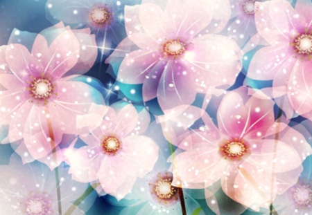 SPARKLING PINK FLOWERS - bokeh, sparkle, starlight, digital art, pink, flowers, fantasy, nature, abstracts