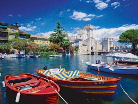 Lake Garda - pretty, summer, town, coast, blue, Garda, shore, lake, nice, sky, clouds, beautiful, lovely, dock, pier, village, boats, nature