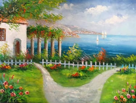 Mediterranean view - vilalge, arch, beautiful, picturesque, grass, view, mediterranean, pretty, blue, art, sky, nice, lovely, apth, house, trees, sea, painting