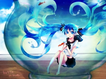 ~Release Me~ - anime, vocaloid, fishbowl, water, bottle miku, hatsune miku, long hair, colorful, blue hair, trapped, fish, blue eyes