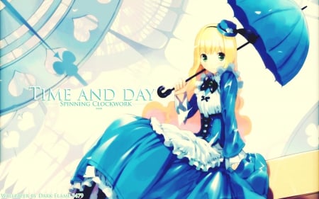 ~Time & Day~ - alice in wonderland, long hair, fantasy, green eyes, umbrella, blue dress, classic, anime, clock, blonde