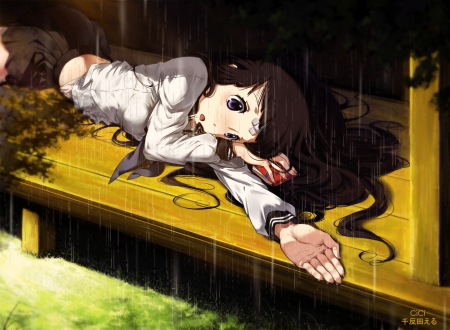 Chitanda Eru - anime, female, lying, long hair, purple eyes, chitanda eru, sun, dark hair, sunlight, hyouka, girl, long dark hair, manga, open eyes, eru, violet eyes, chitanda