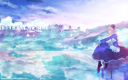 ~Dreamworld~ - alice in wonderland, sky, water, town, reflection, pretty, clouds, blue dress, river, fog, anime, blonde