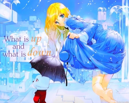 What's Up & What's Down? - anime, water, blonde, white rabbit, wet, long hair, umbrella, alice in wonderland, barefoot