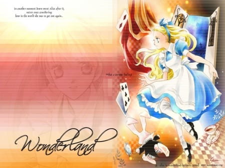 What a Curious Feeling!! - alice in wonderland, blue dress, anime, cards, white rabbit, fantasy, blonde, teacup