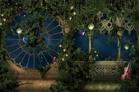 ROMANTIC BALCONY - sky, balcony, romantic, lanterns, night, violin, vines, birds