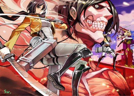 Saviors Attack! - girls, cool, titan, girl, colorful, mikasa