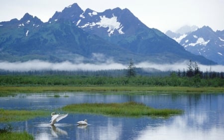 Alaska Mountain and Lake - alaska, water, blue, lake, sky, reflection, clouds, fog, nature, mountain