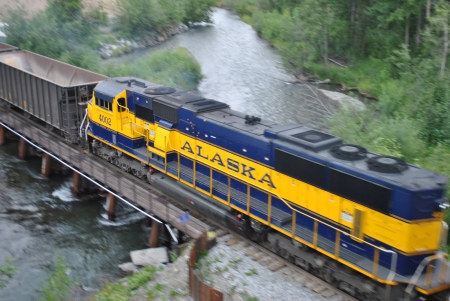 Alaska Train - train, nature, land, grass, alaska, smoke, day, bridge