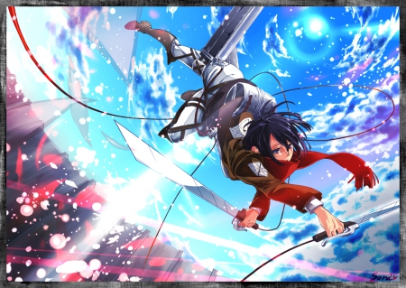 Mikasa - sky, mikasa ackerman, blue, sword, mikasa, shingeki no kyojin, cant think of a fourth