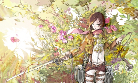 Mikasa - Leaves, Mikasa, Blue, Cant think of a fourth, Mikasa Ackerman, Green, Sword, Sky, Shingeki no Kyojin