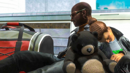 A lost hope - woman, sad, bear, bag, waiting, lost, reach, halo, citizens, red, rest, teddy