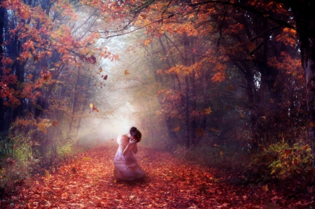 Fallen Tears - autumn, lady, fantasy, trees