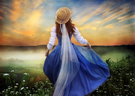 Coming Home - woman, lady, hat, girl, wallpaper, lovely, fantasy, spring, art, romantic, blue, beautiful, digital