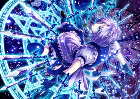 Izayoi Sakuya - anime, female, mad, evil, short hair, touhou, fight, weapon, apron, purple hair, anime girl, hot, girl, maid, blade, briad, izayoi sakuya, angry, knife, sinister, cute, sexy