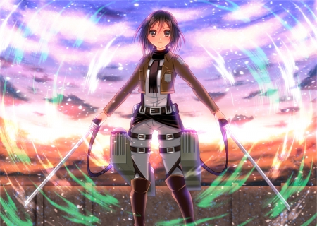 Mikasa Ackerman - abstract, anime, anime girl, female, warrior, hot, girl, light, short hair, cloud, hd, cute, sparks, weapon, sexy, sky