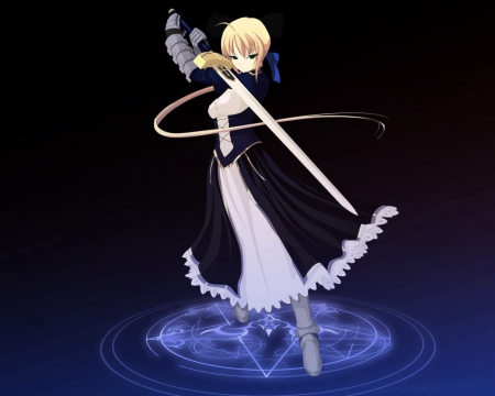 Dark Saber - saber, female, hot, knight, blond, darkness, evil, anime girl, angry, blade, armor, blond hair, blonde hair, sinister, dark, anime, excalibur, sword, cute, sexy, mad, girl, warrior, long hair, fate stay night, weapon, dress, blonde