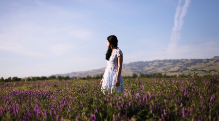 * Waiting for you * - sky, sunshine, girl, waiting, field, nature, purple, flowers, dreamer