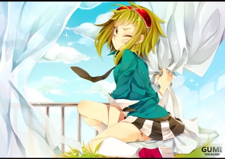 ~Gumi~ - sky, clouds, vocaloid, anime, colorful, gumi, wink