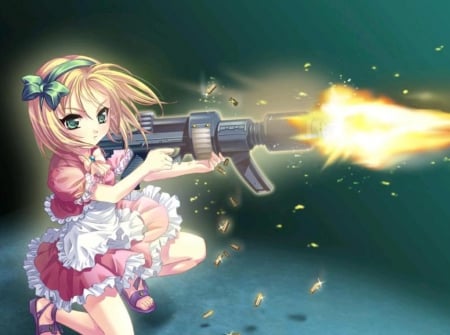 Elin - female, evil, fighting, green eyes, online, blond, fight, weapon, blast, rpg, cannon, mmorpg, gun, hot, wonderland online, spark, angry, cute, sexy, anime, warrior, blonde, mad, blond hair, short hair, fire, ribbon, sparks, game, anime girl, bullet, serious, girl, blonde hair, brown hair, sinister, blaze