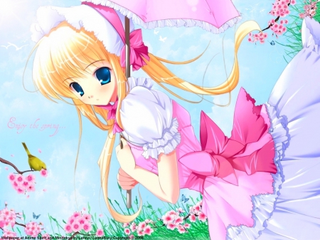 Enjoy the Spring - pretty, bird, anime, female, maiden, dress, blonde, blond hair, long hair, umbrella, blond, ribbon, hd, nice, blue eyes, gown, anime girl, beautiful, hot, girl, blonde hair, beauty, lovely, sweet, flower, cute, floral, sexy