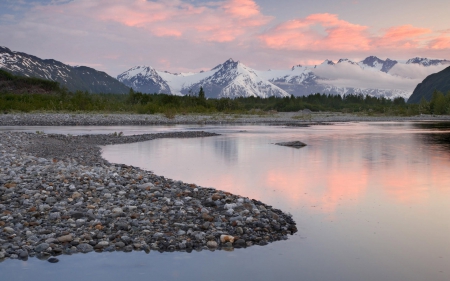 Lake, Alaska - alaska, water, grass, shore, lake, sky, clouds, nature, mountain, stone