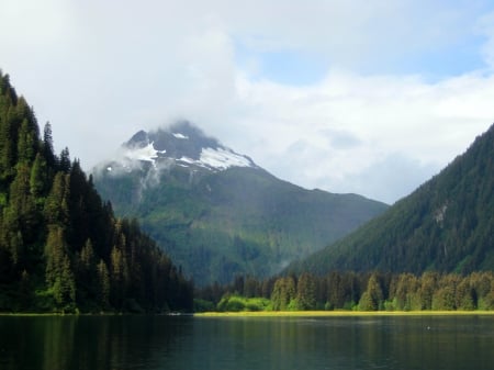 Mountain, Alaska - clouds, trees, water, blue, alaska, mountain, nature, green, lake, sky