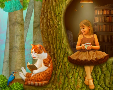 Relaxing hour - read, trees, book, girl, cat, animals