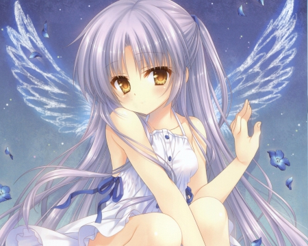 Angel Wings - anime, female, wing, dress, angel, long hair, ribbon, purple hair, yellow eyes, anime girl, hot, girl, flower, petals, wings, cute, floral, sexy