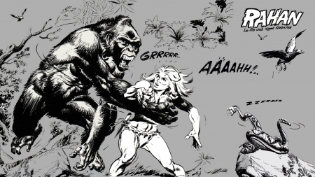 Rahan and the Gorilla - fun, silhouette, collage, hot, animals, face, white, amazing, france, rahan, warrior, cartoon, lecureux, black and white, stunning, nature, beautiful, savage, nice, b, black, fantasy, comic, gorgeous, prehistory, man, necklace, myst, shape, comics, snake, awesome, great, darkness, knife, widescreen, other, dark age, cartoons, yellow, cool, dark, moonlight, new moon, dark art, light, forest, bd, dreamy, teeth, gorilla, full moon, cute, stoneage, dagger, night, drawing, picture, homo sapiens, collages, alone, fight, twilight, cheret, mysterious, prehistoric