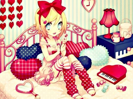 Anime girl - piano, anime, heart, blue, girl, room, lamp, pink, white, pillow, cute, bow